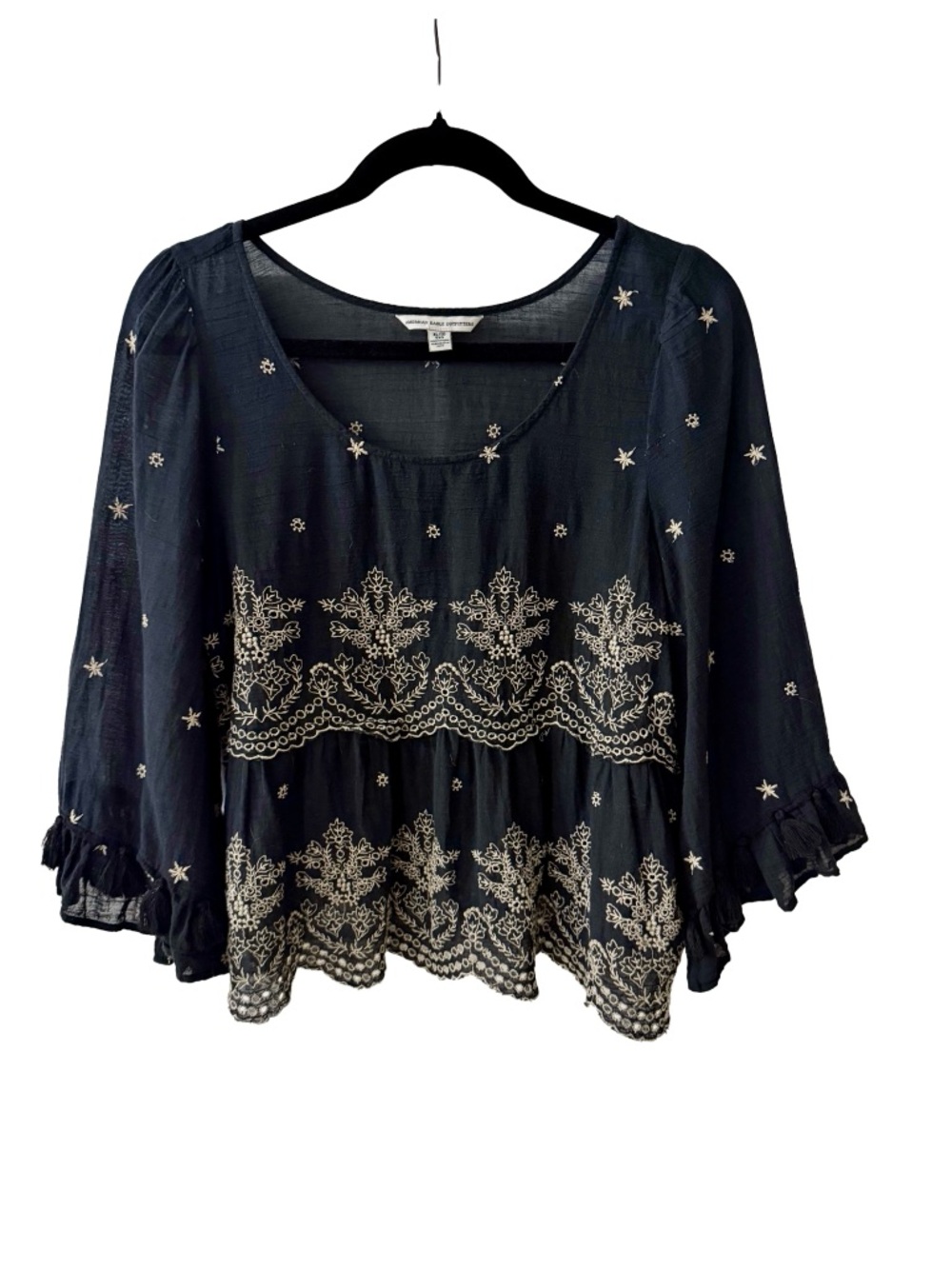 American Eagle Black Embroidered Bell Sleeve Cropped Blouse With Tassels | XL
